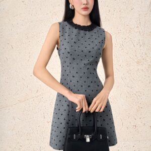 Đầm công sở vải thô nhung dáng chữ A cổ tròn phối nhún tạo kiểu khoá thân sau