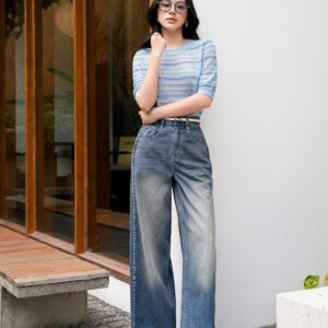 Quần jean dạo phố vải denim dáng suông ống rộng phối đường gân thời trang khoá thân trước